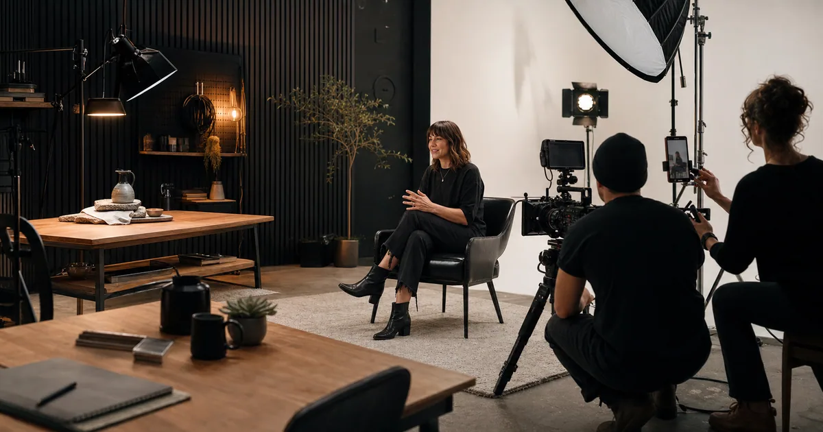 A video crew films a seated woman on a professionally lit interview set