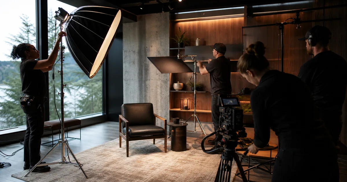 A production crew arranges studio lights and a cinema camera for an interview