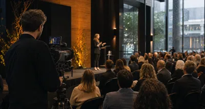 A videographer films a speaker in front of a seated event audience