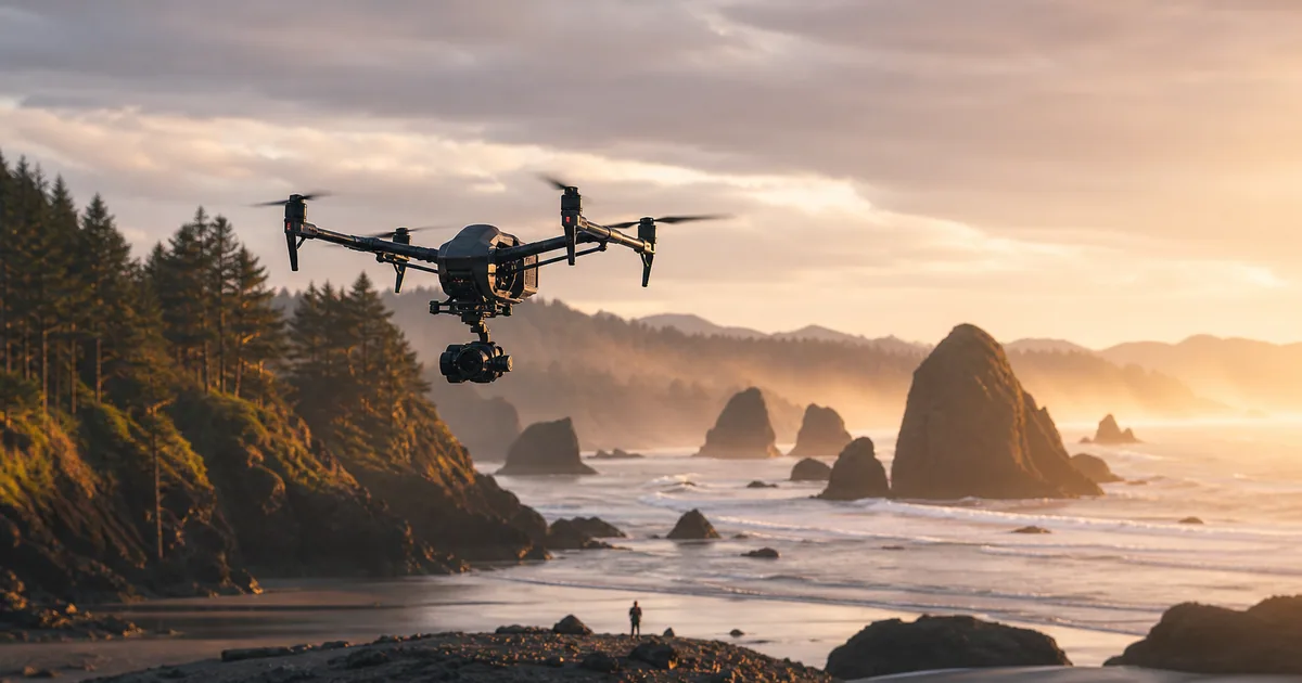 A camera drone flies above the Oregon coast at sunset