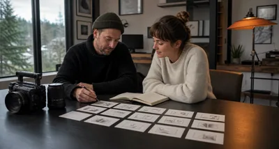 Two filmmakers review a storyboard beside a cinema camera