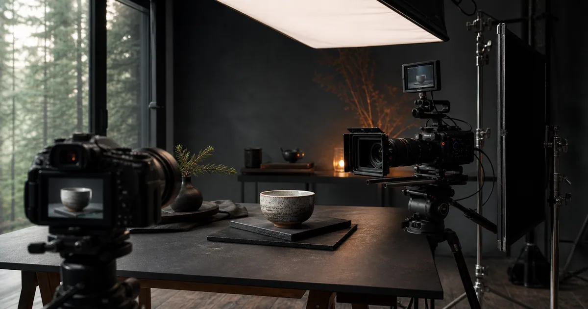 Two cameras film a ceramic cup on a carefully lit studio tabletop