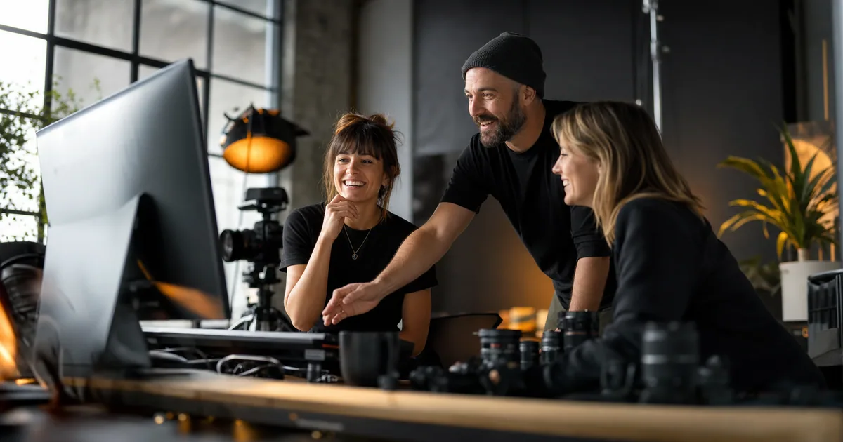 Three production teammates review footage at a desktop surrounded by camera lenses