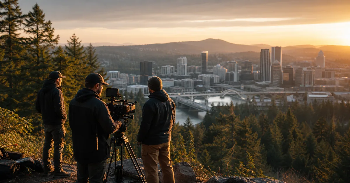 A film crew frames the Portland skyline from a forested overlook at sunset