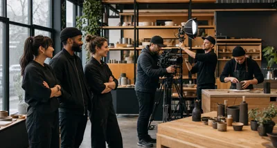 A video crew prepares a tabletop product scene inside a modern workshop