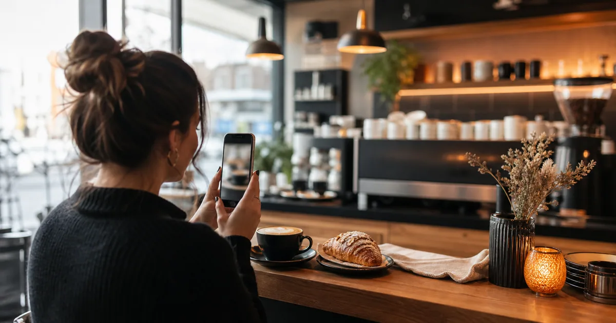 A woman films a coffee and pastry with her phone inside a cafe