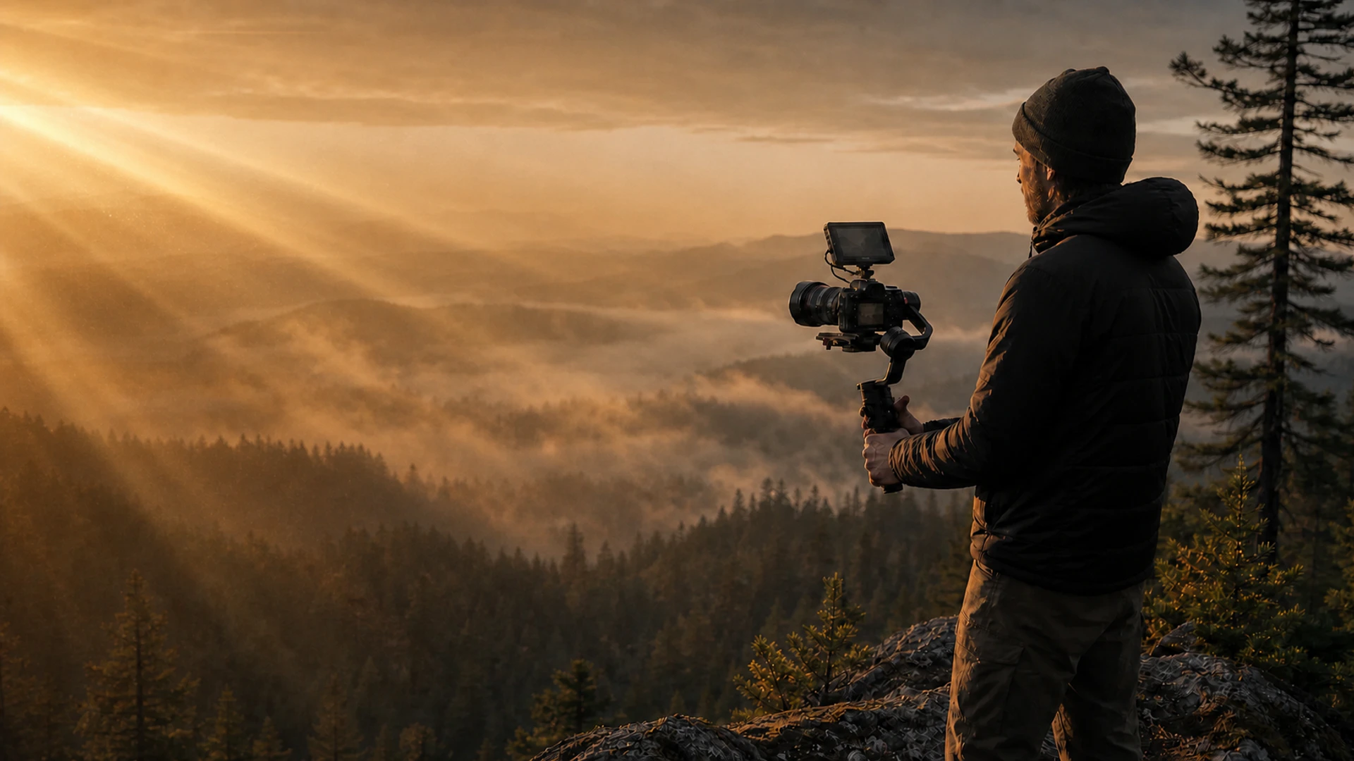 A filmmaker operates a gimbal-mounted cinema camera on a forested mountain overlook at sunrise