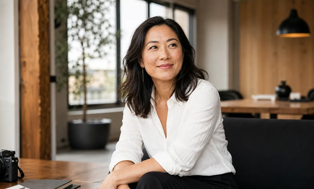 A woman in a white blouse sits in a sunlit office with a camera on the table